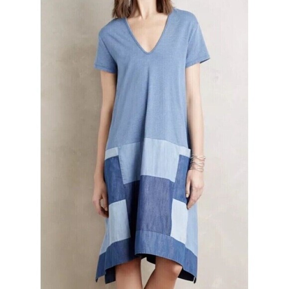 Holding Horses Anthropologie Chambray Patched Patchwork Fall Dress S/M $128 - Picture 1 of 8
